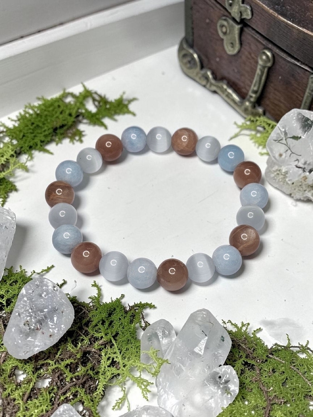 Handmade Moonstone, Sunstone, Aquamarine Beaded Stretch Bracelet